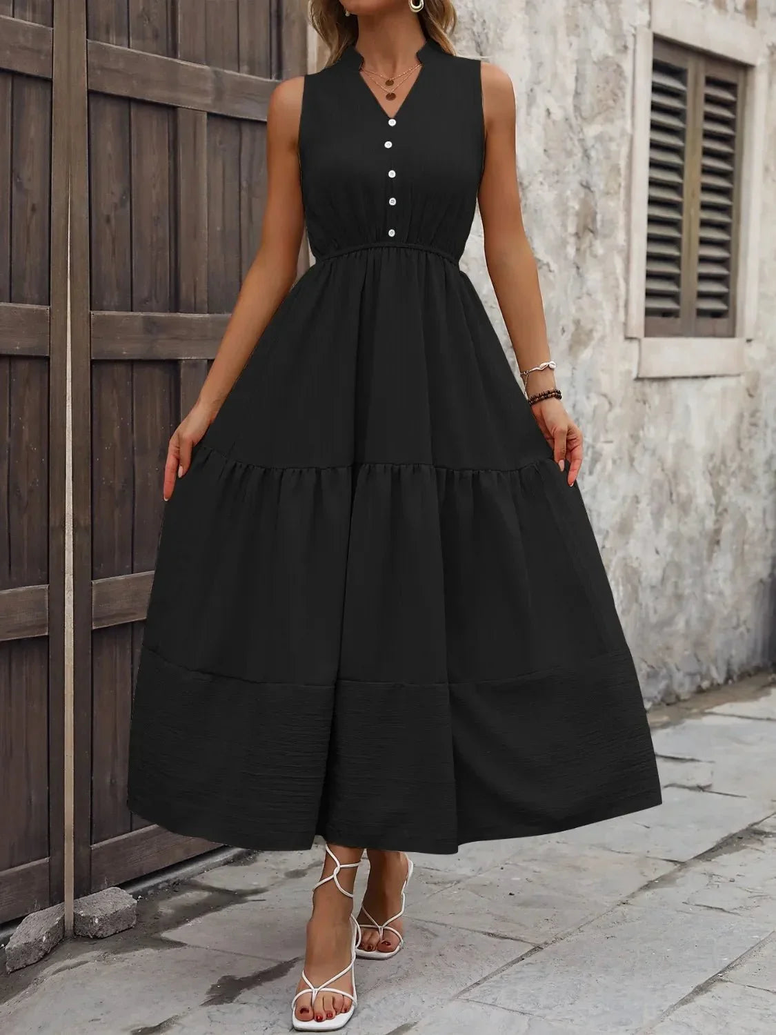 Notched Sleeveless Maxi Tank Dress - VILLA FASHION