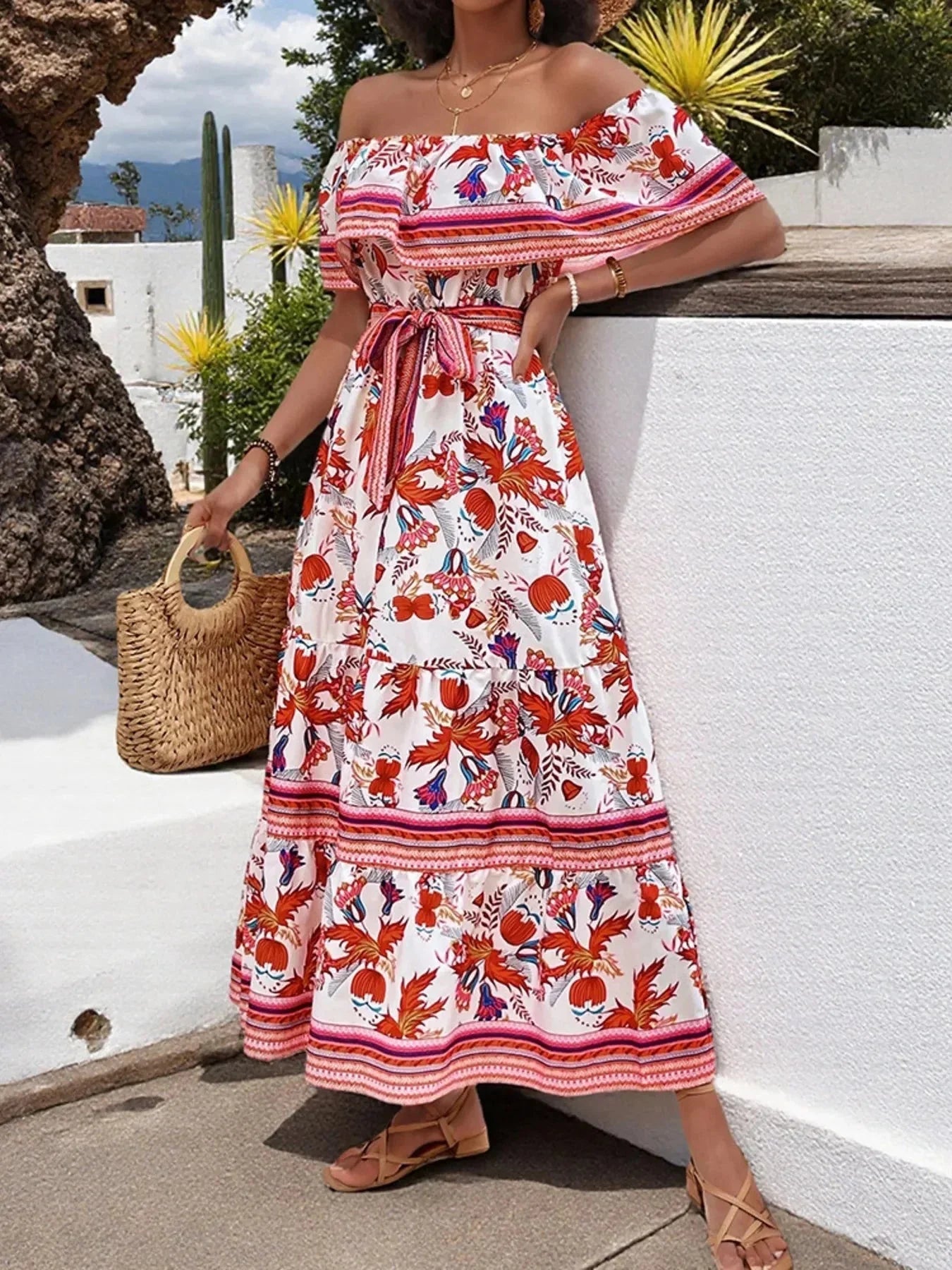 Off - Shoulder Floral Maxi Dress - VILLA FASHION