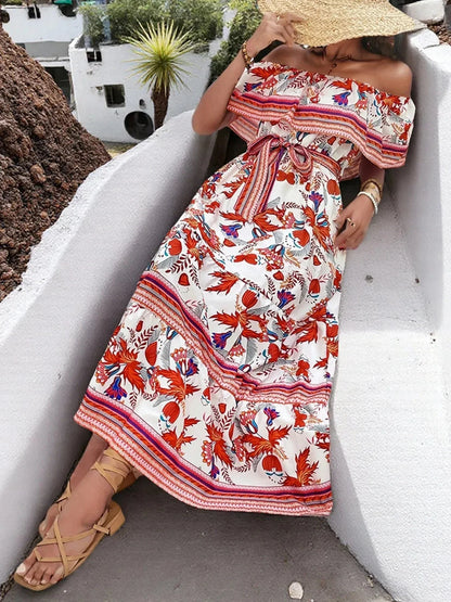 Off - Shoulder Floral Maxi Dress - VILLA FASHION