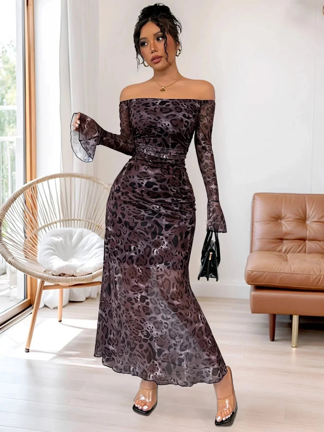 Off - Shoulder Long Sleeve Maxi Dress - VILLA FASHION