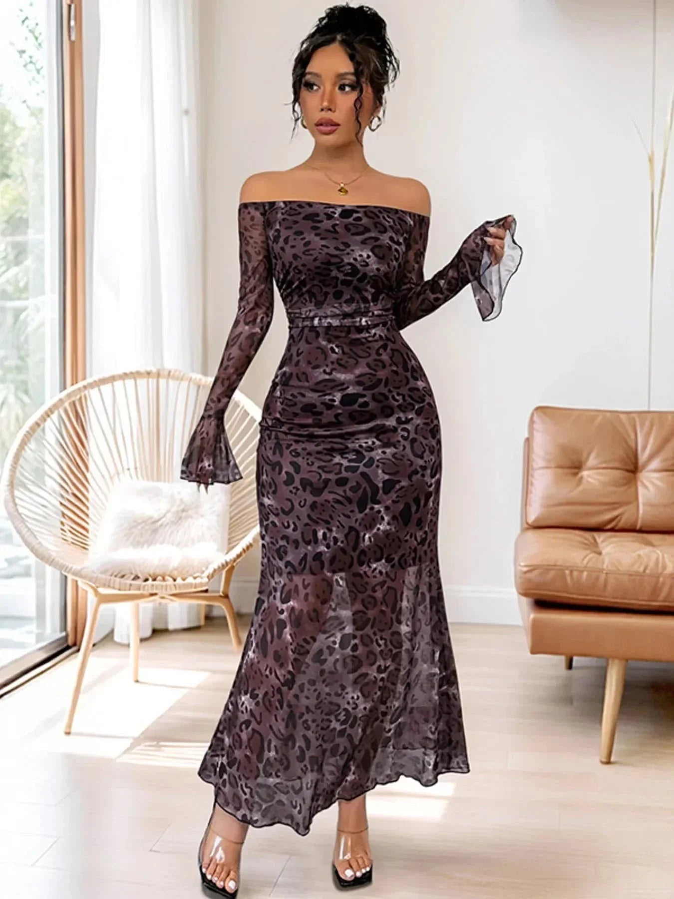 Off - Shoulder Long Sleeve Maxi Dress - VILLA FASHION