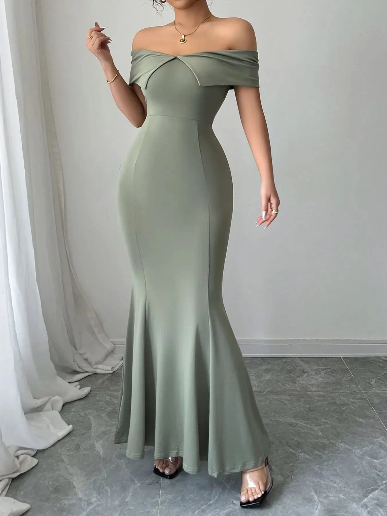 Off - Shoulder Mermaid Maxi Dress - VILLA FASHION