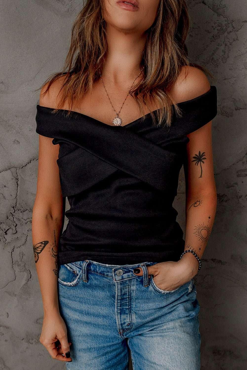 Off - Shoulder Ribbed Crisscross Top - VILLA FASHION