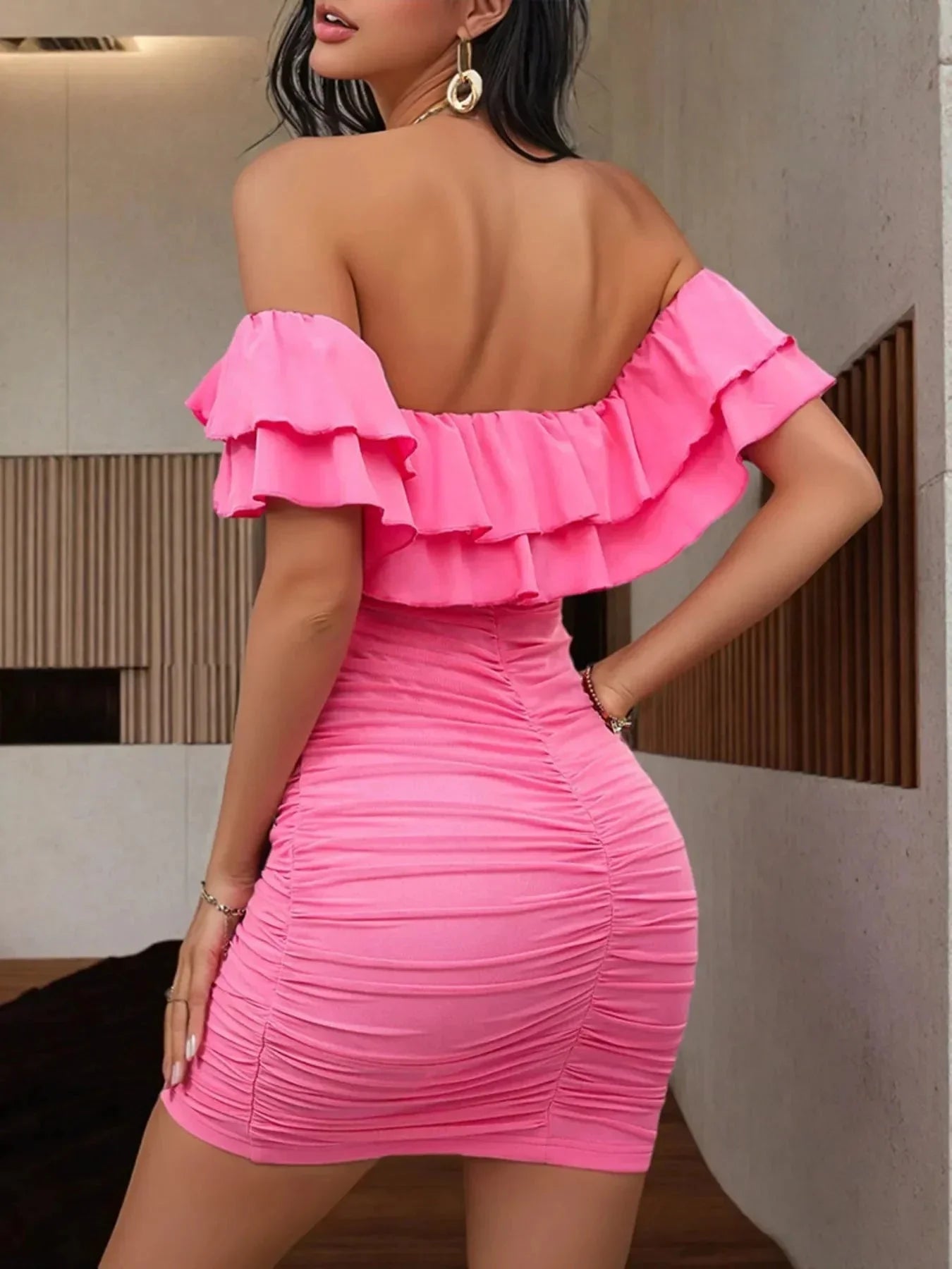 Off - Shoulder Ruffle Bodycon Dress - VILLA FASHION