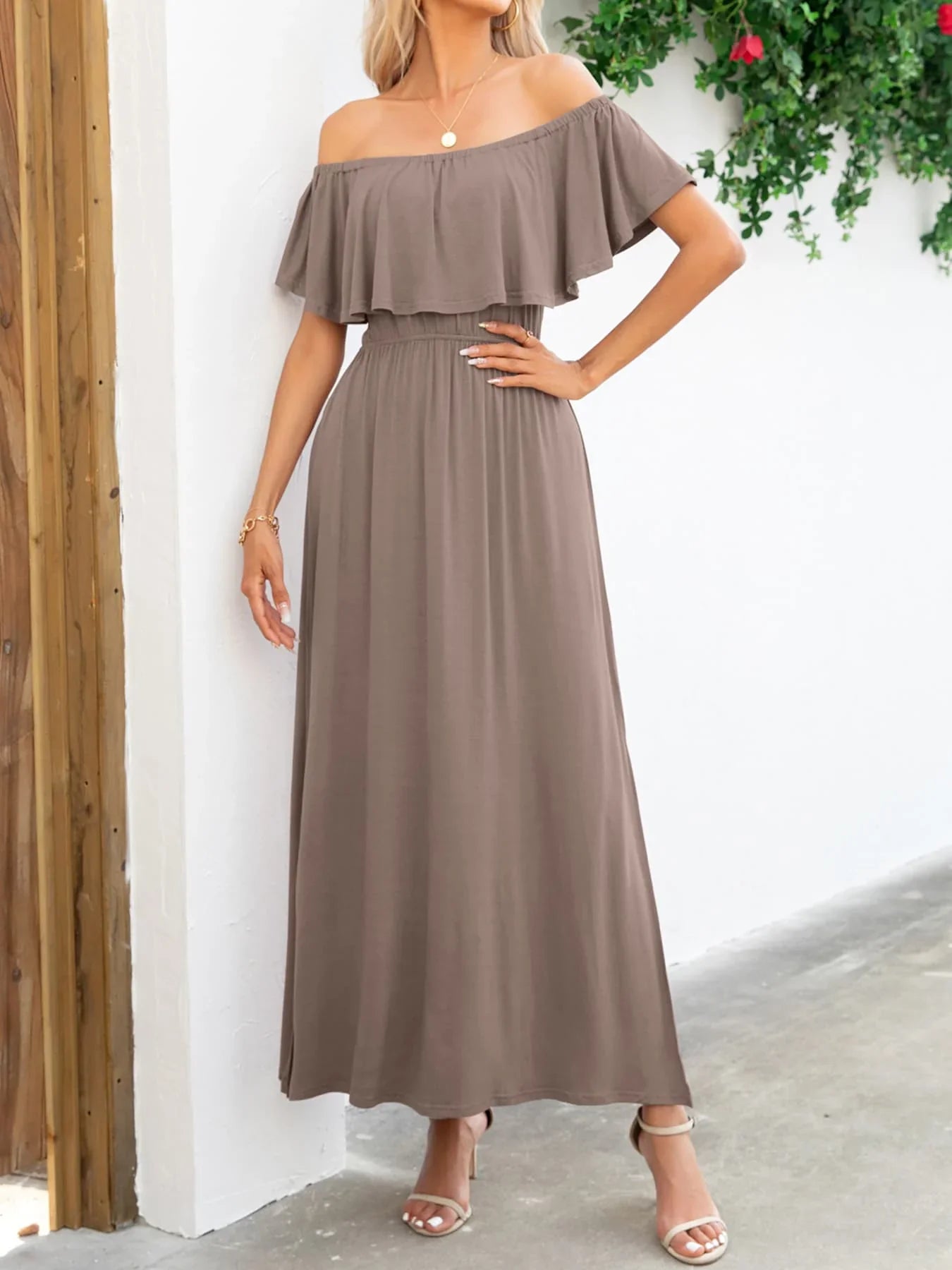 Off - Shoulder Slit Maxi Dress - VILLA FASHION