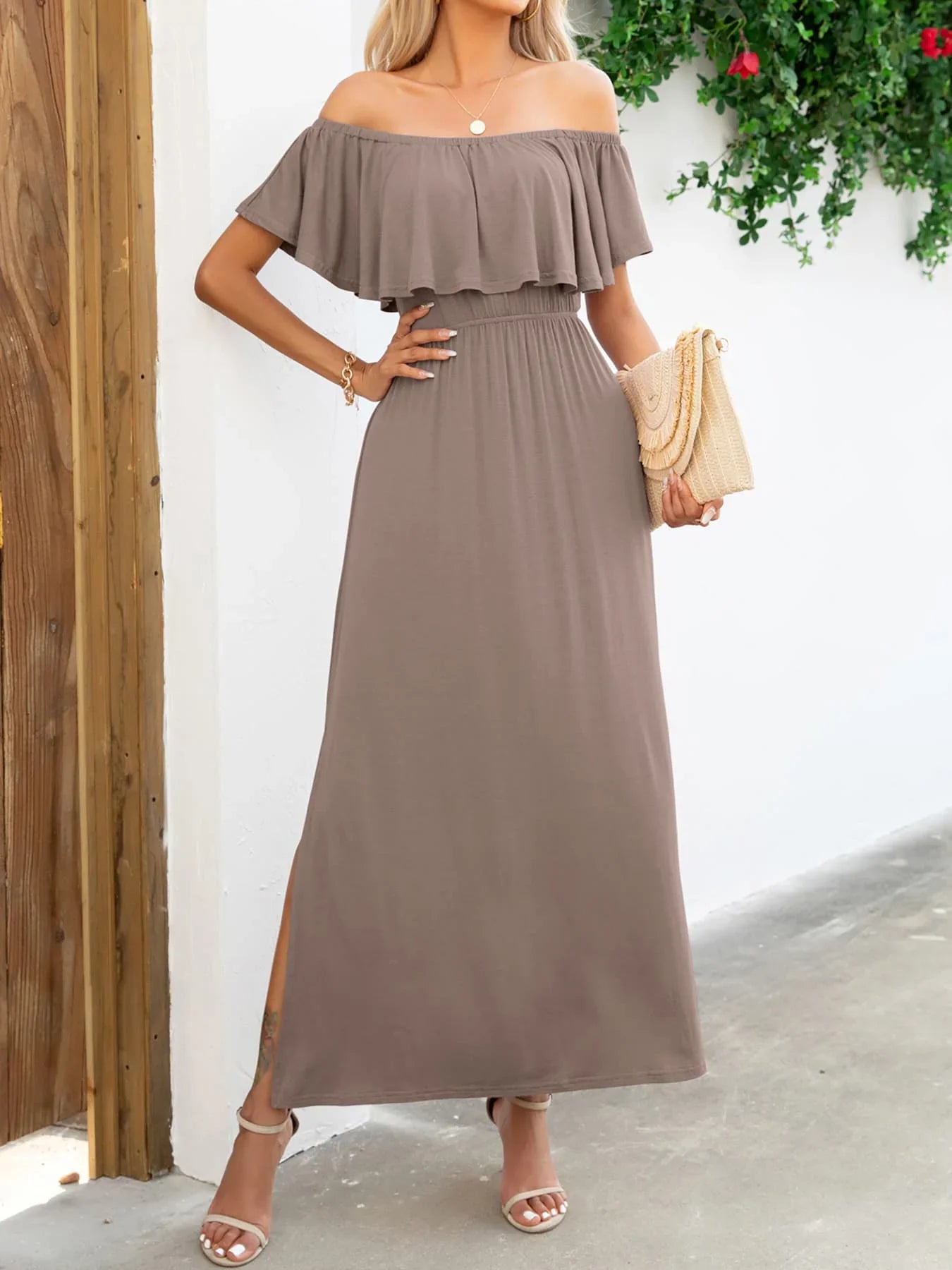 Off - Shoulder Slit Maxi Dress - VILLA FASHION