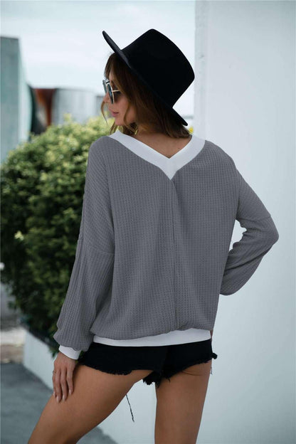 Off - Shoulder Waffle - Knit Dropped Shoulder Blouse - VILLA FASHION
