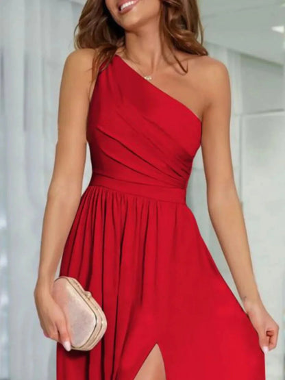 One - Shoulder High Slit Dress - VILLA FASHION