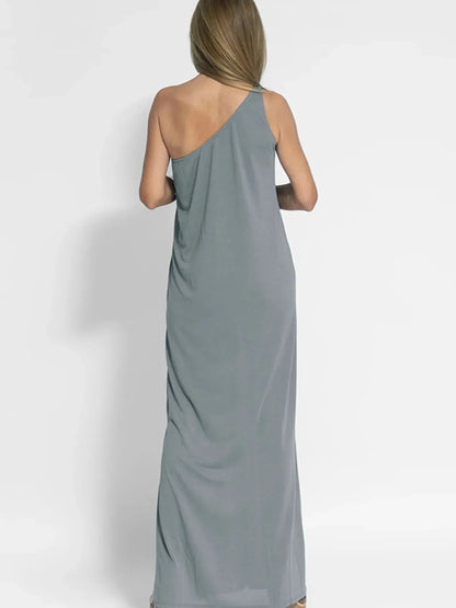 One - Shoulder Maxi Dress with Side Slit - VILLA FASHION
