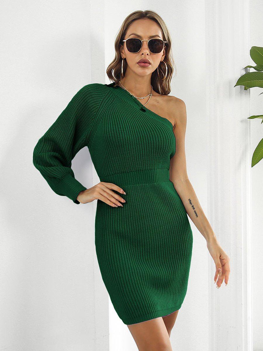 One - Shoulder Mini Sweater Dress - VILLA FASHION