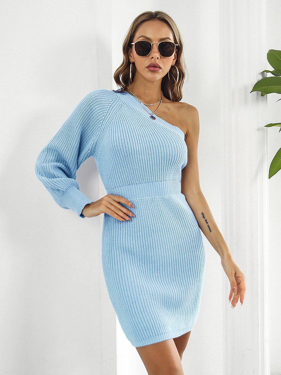 One - Shoulder Mini Sweater Dress - VILLA FASHION
