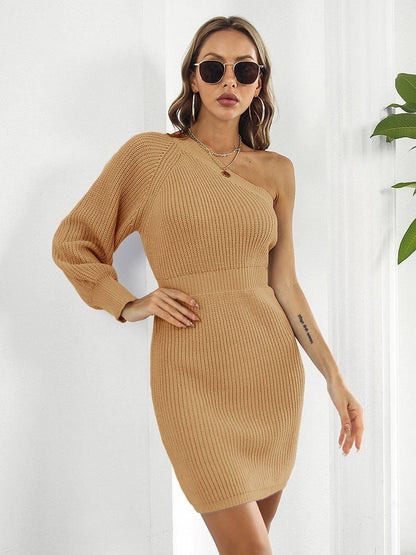 One - Shoulder Mini Sweater Dress - VILLA FASHION