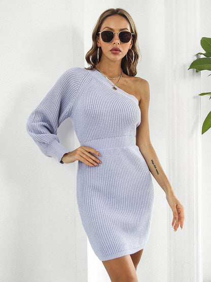 One - Shoulder Mini Sweater Dress - VILLA FASHION