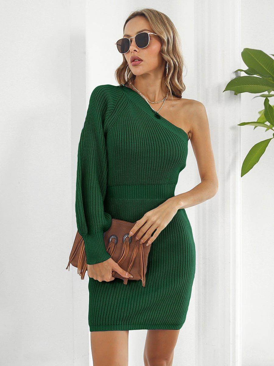 One - Shoulder Mini Sweater Dress - VILLA FASHION