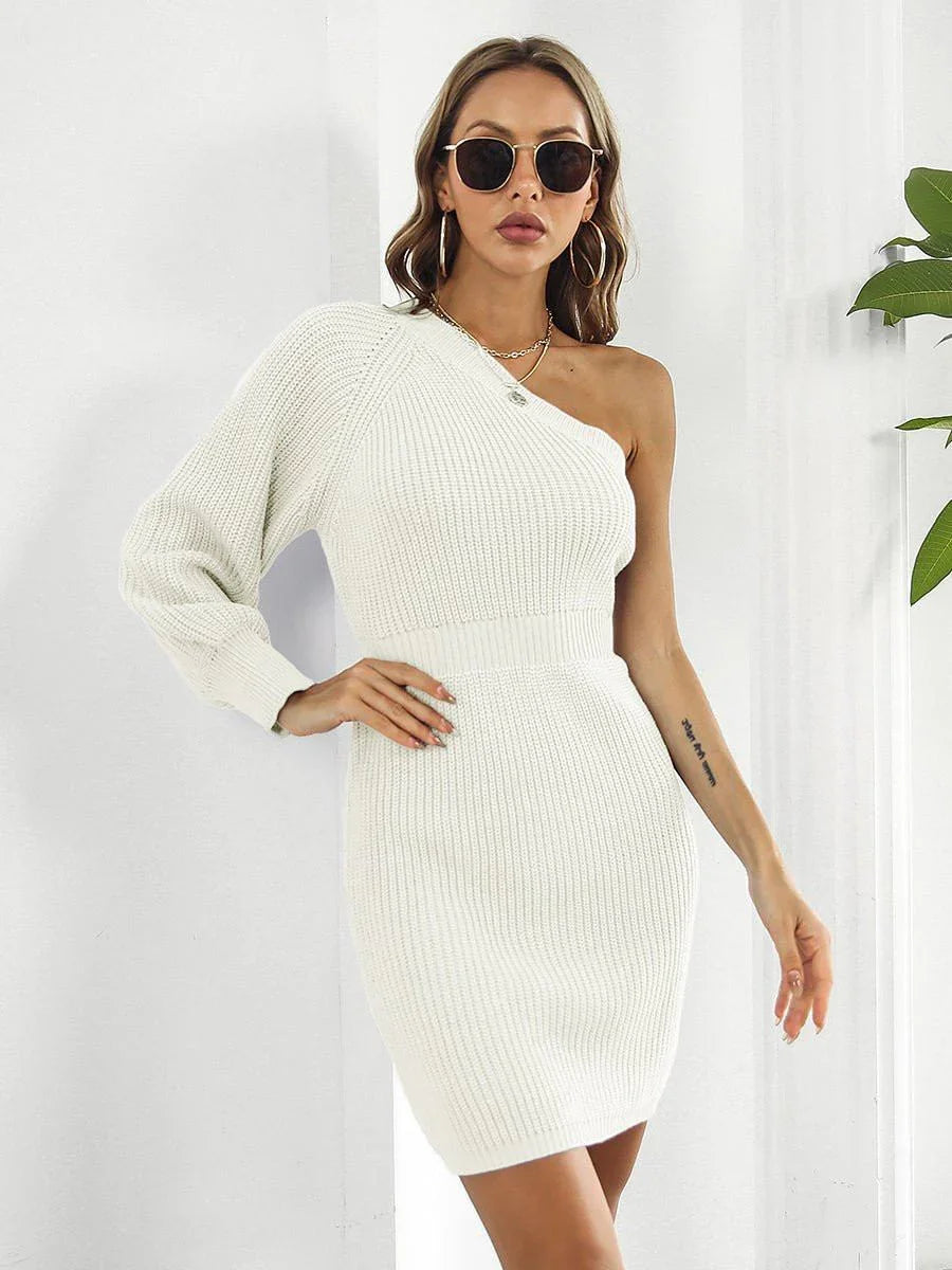 One - Shoulder Mini Sweater Dress - VILLA FASHION