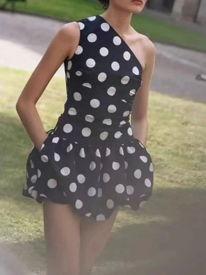 One - Shoulder Polka Dot Mini Dress - VILLA FASHION