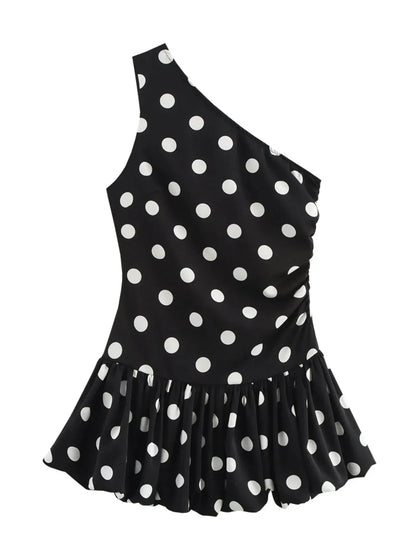 One - Shoulder Polka Dot Mini Dress - VILLA FASHION