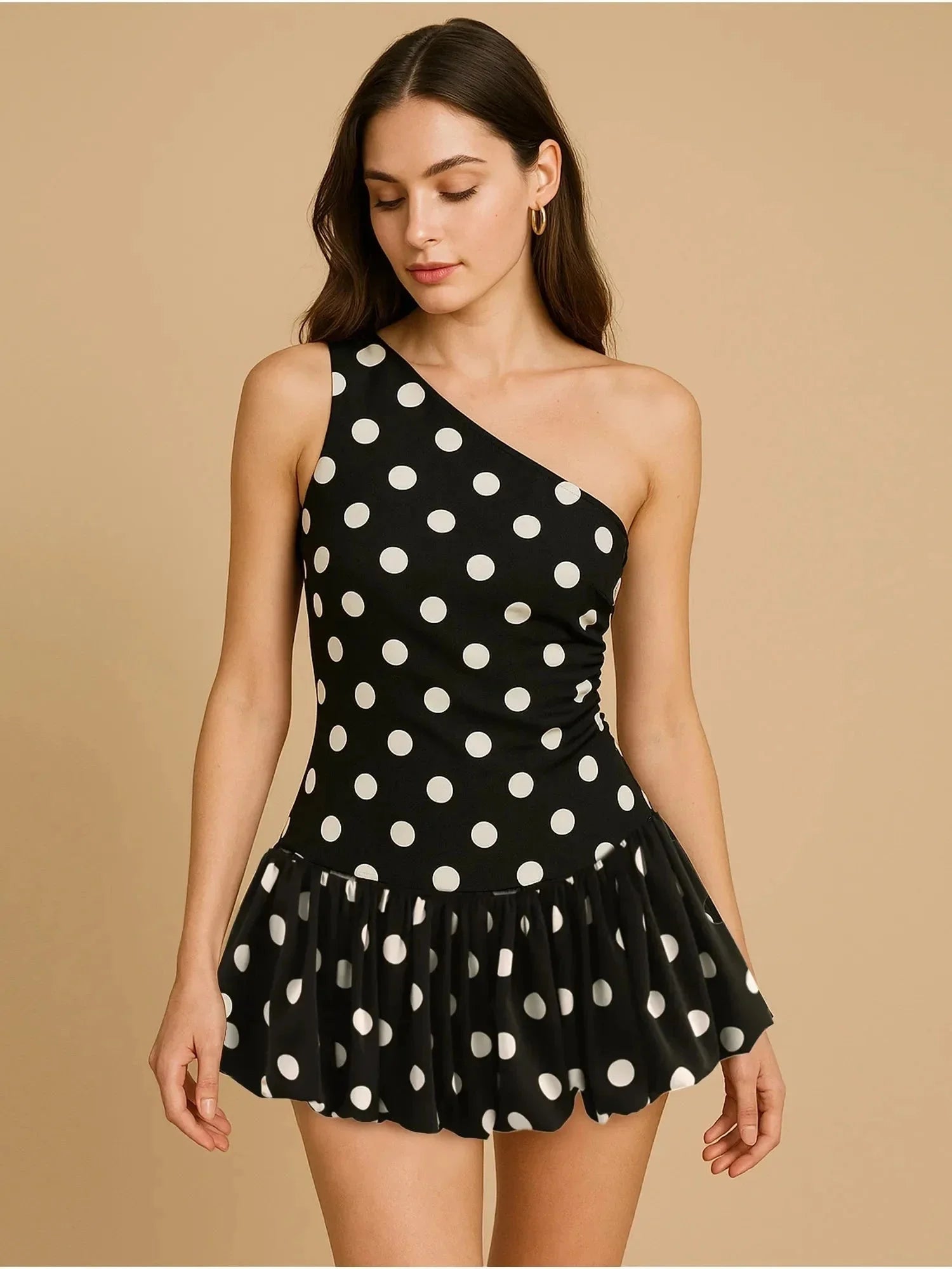 One - Shoulder Polka Dot Mini Dress - VILLA FASHION