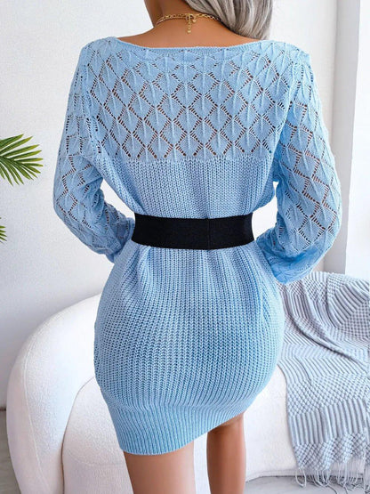 Openwork Boat Neck Sweater Dress - VILLA FASHION