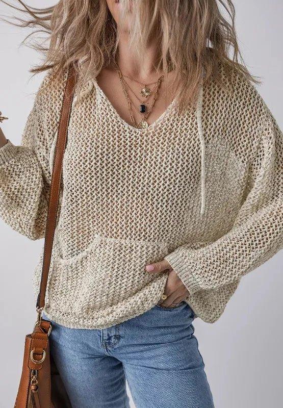 Openwork Dropped Shoulder Hooded Knit Top - VILLA FASHION