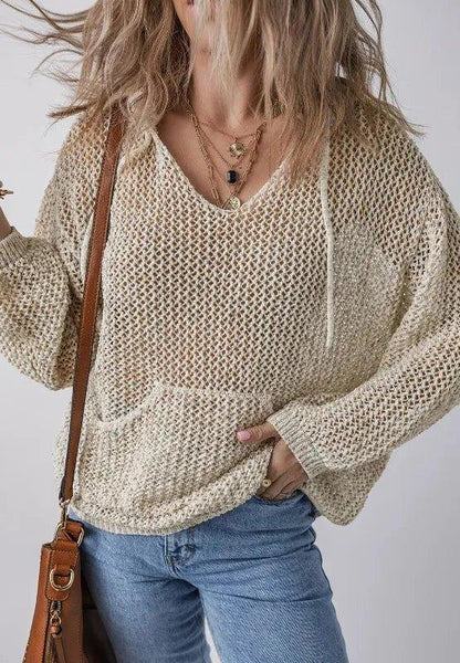 Openwork Dropped Shoulder Hooded Knit Top - VILLA FASHION