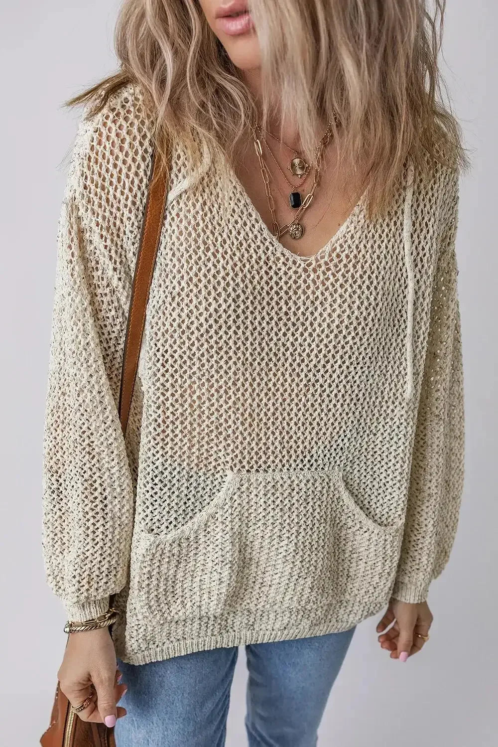 Openwork Dropped Shoulder Hooded Knit Top - VILLA FASHION