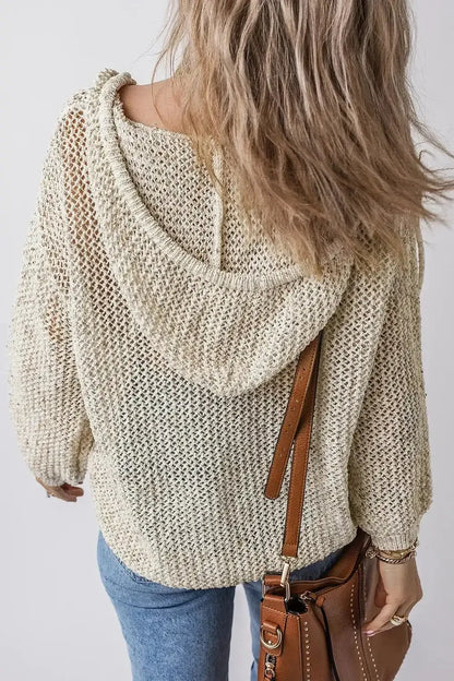 Openwork Dropped Shoulder Hooded Knit Top - VILLA FASHION