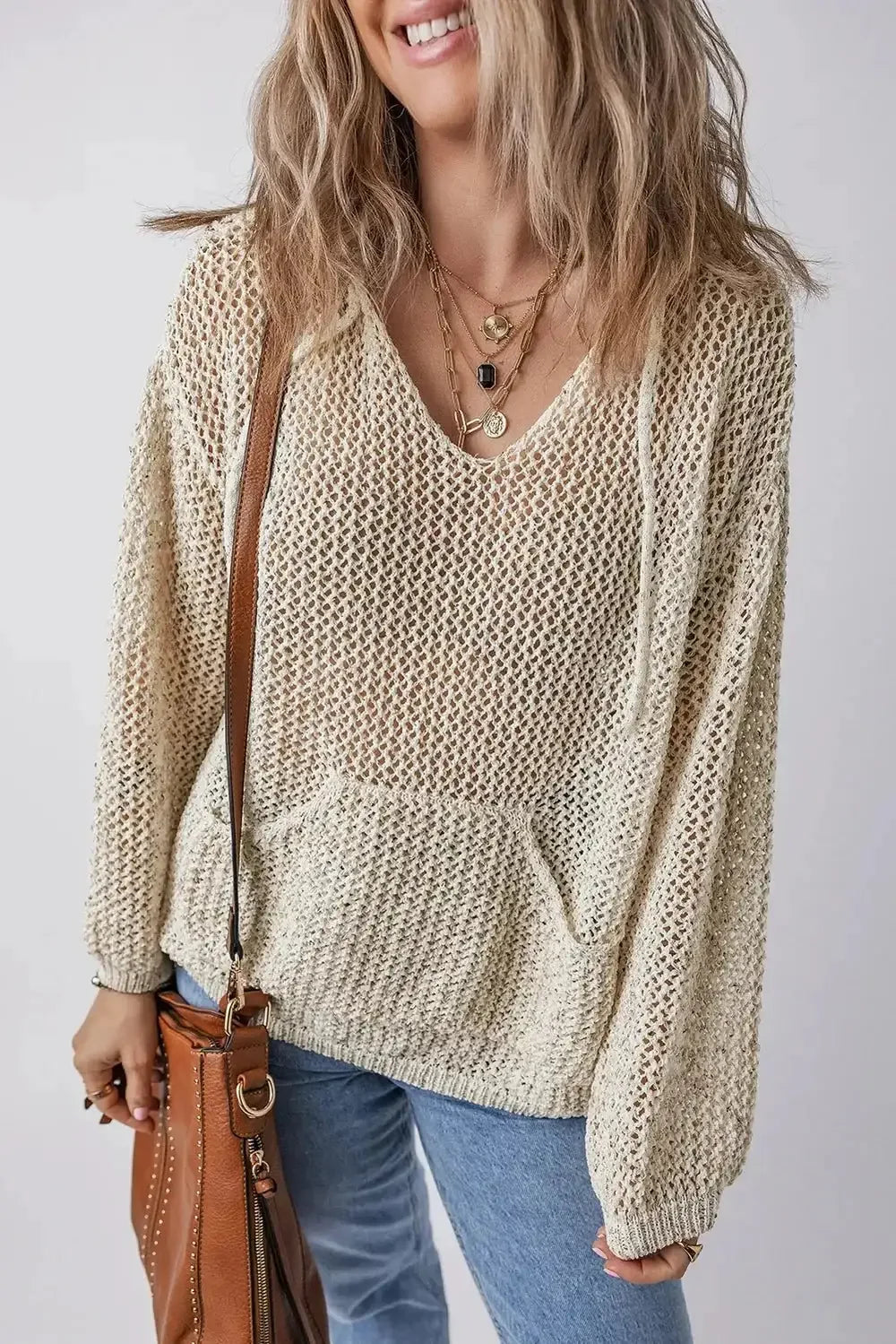 Openwork Dropped Shoulder Hooded Knit Top - VILLA FASHION