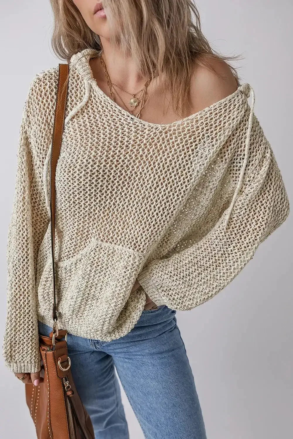 Openwork Dropped Shoulder Hooded Knit Top - VILLA FASHION