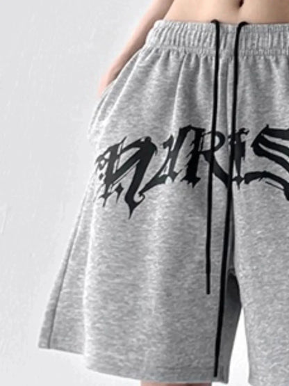 Oversized Drawstring Letter Shorts - VILLA FASHION
