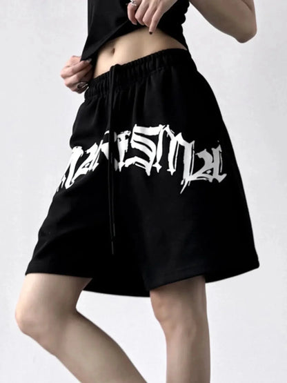 Oversized Drawstring Letter Shorts - VILLA FASHION
