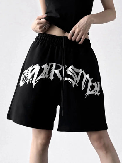 Oversized Drawstring Letter Shorts - VILLA FASHION