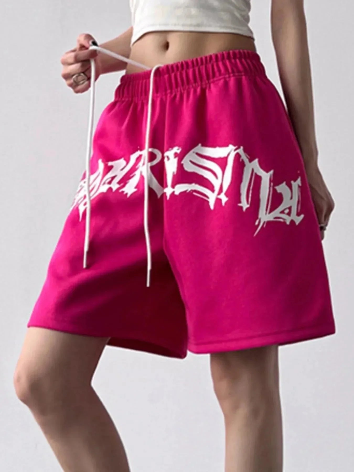 Oversized Drawstring Letter Shorts - VILLA FASHION