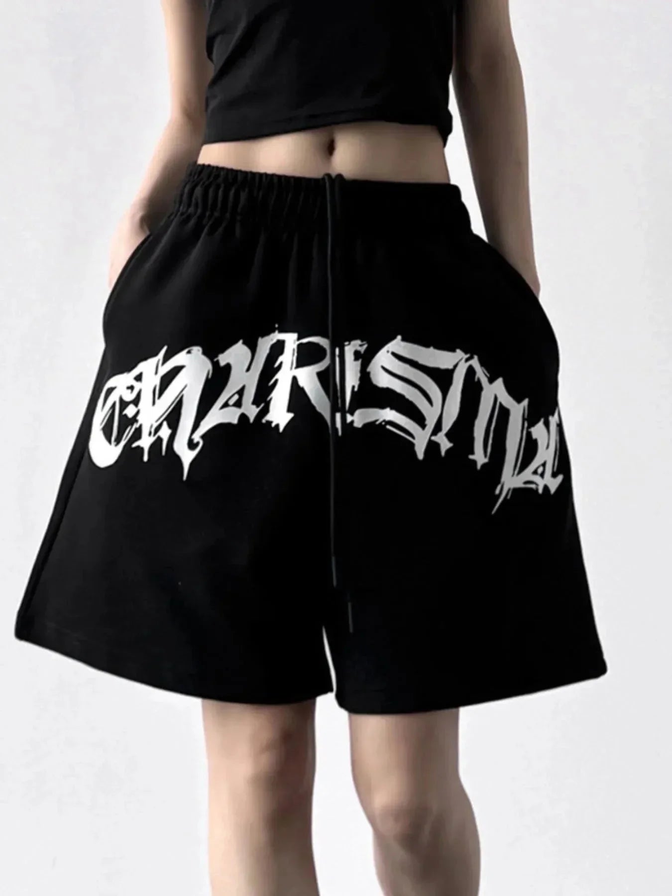 Oversized Drawstring Letter Shorts - VILLA FASHION