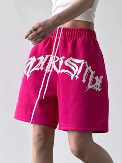 Oversized Drawstring Letter Shorts - VILLA FASHION