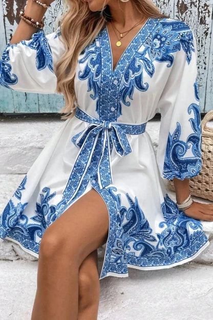 Paisley V - Neck 3/4 Sleeve Mini Dress - VILLA FASHION
