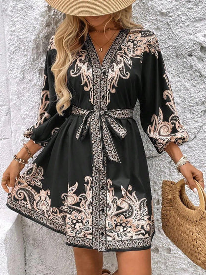 Paisley V - Neck 3/4 Sleeve Mini Dress - VILLA FASHION