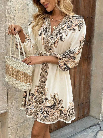 Paisley V - Neck 3/4 Sleeve Mini Dress - VILLA FASHION