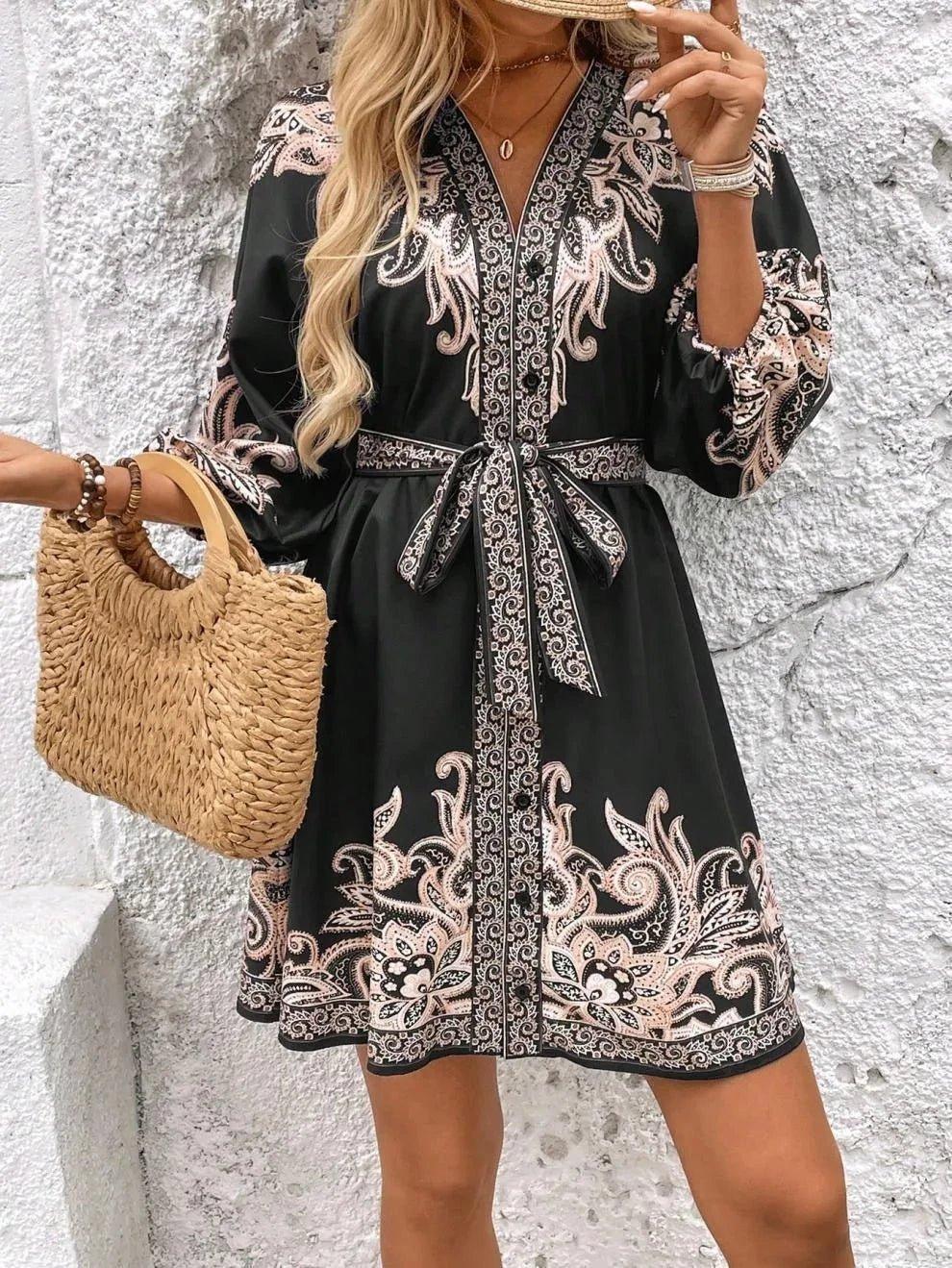 Paisley V - Neck 3/4 Sleeve Mini Dress - VILLA FASHION