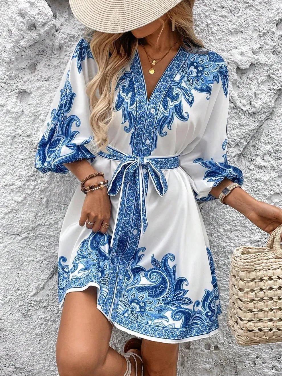 Paisley V - Neck 3/4 Sleeve Mini Dress - VILLA FASHION