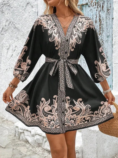 Paisley V - Neck 3/4 Sleeve Mini Dress - VILLA FASHION