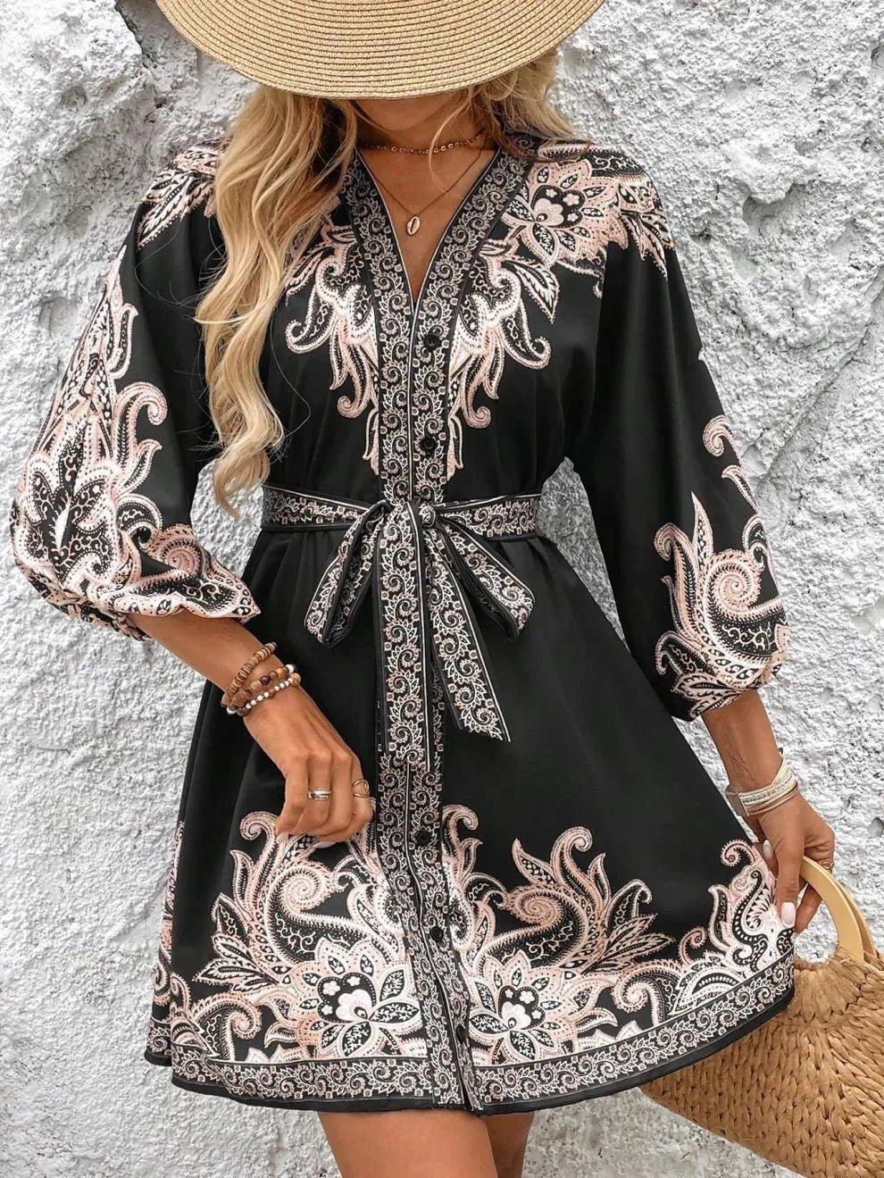 Paisley V - Neck 3/4 Sleeve Mini Dress - VILLA FASHION