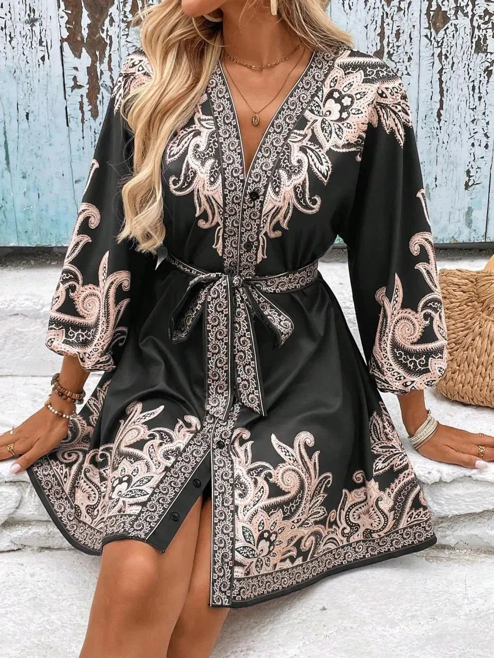 Paisley V - Neck 3/4 Sleeve Mini Dress - VILLA FASHION