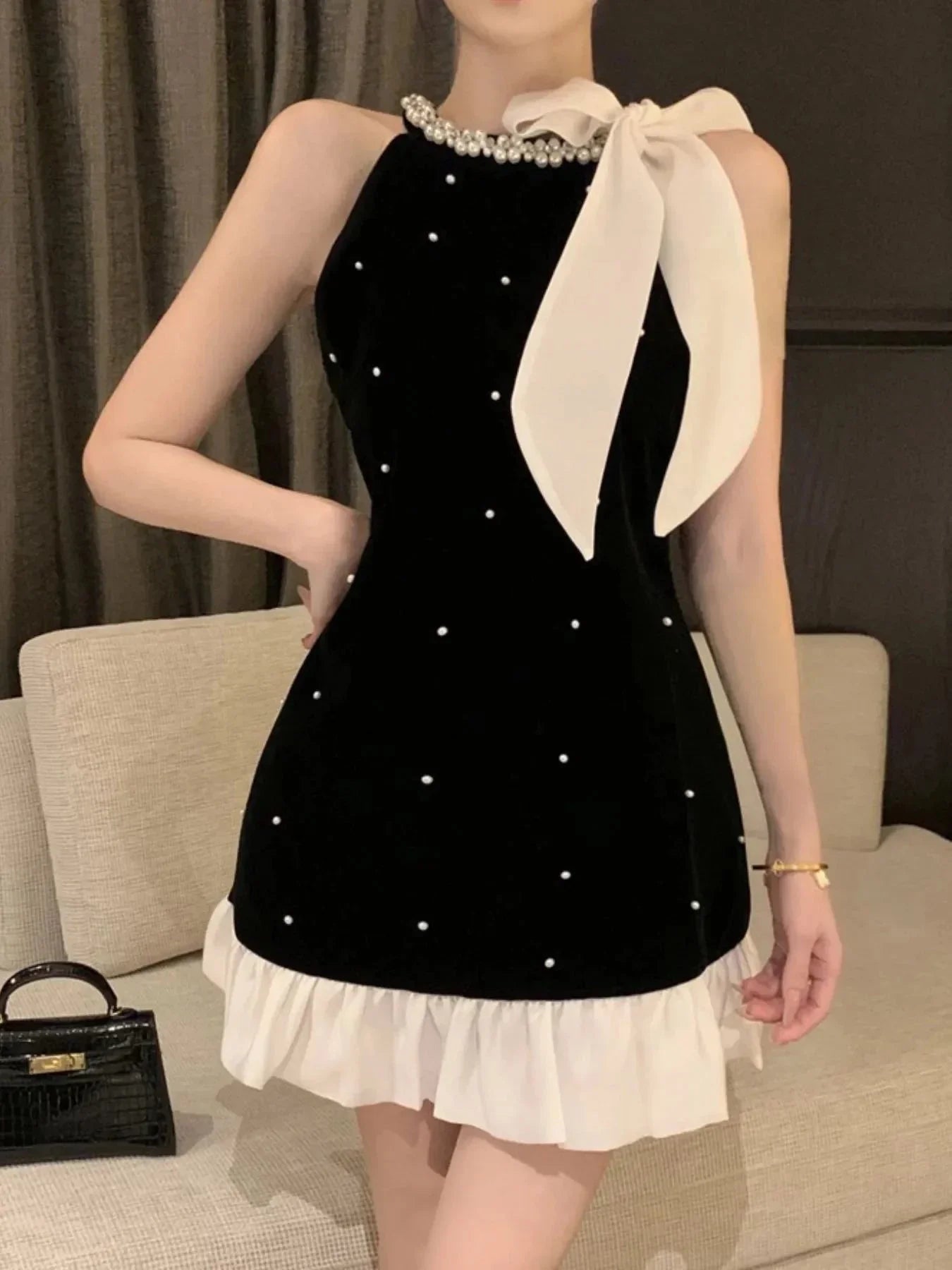 Pearl Detail Sleeveless Mini Dress - VILLA FASHION