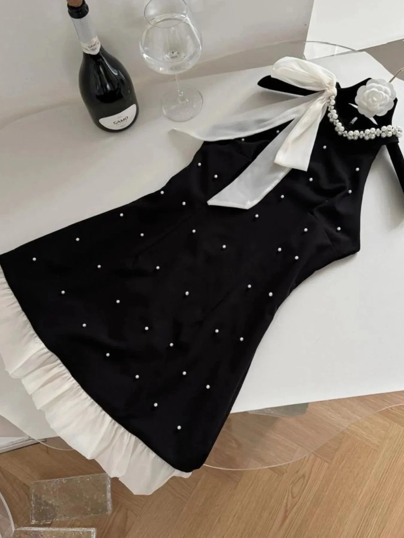 Pearl Detail Sleeveless Mini Dress - VILLA FASHION