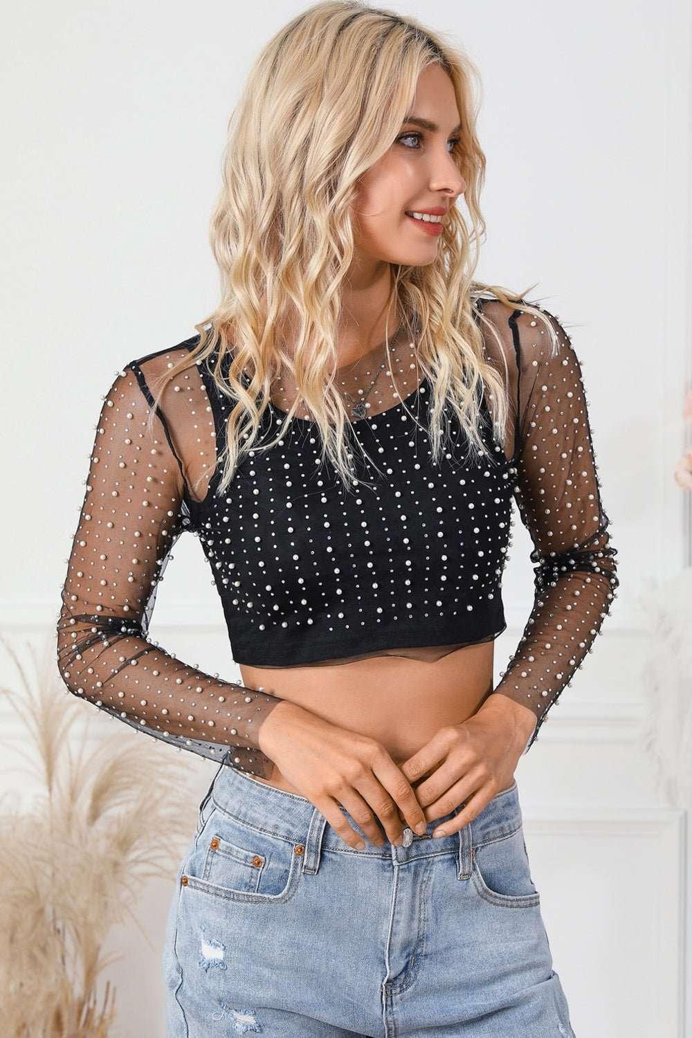Pearl Long Sleeve Mesh Cropped Top - VILLA FASHION