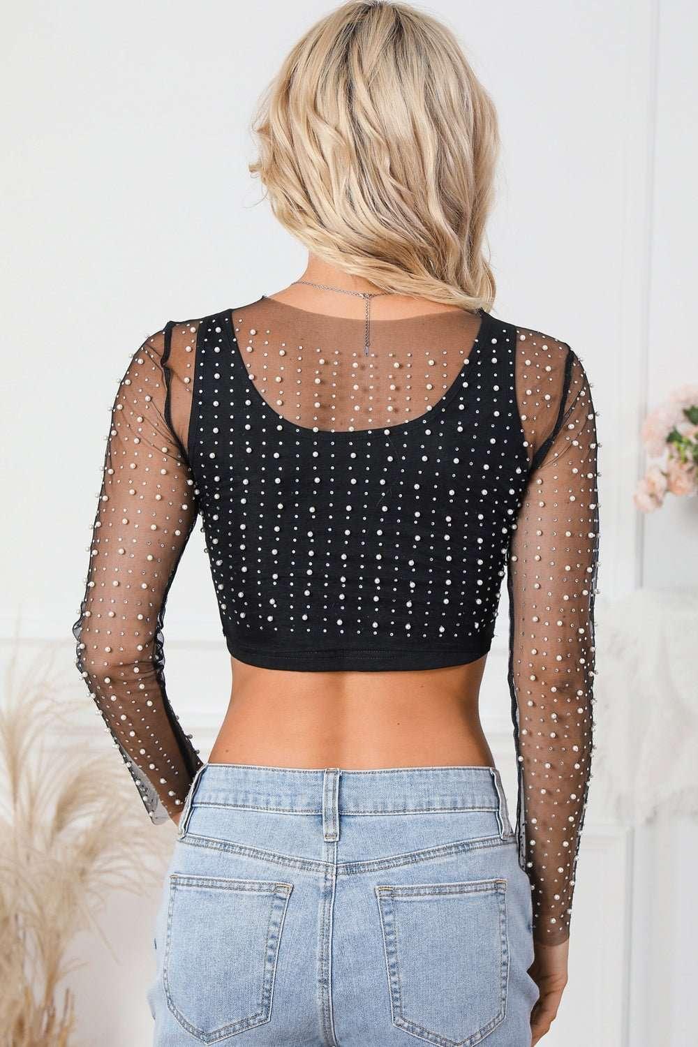 Pearl Long Sleeve Mesh Cropped Top - VILLA FASHION
