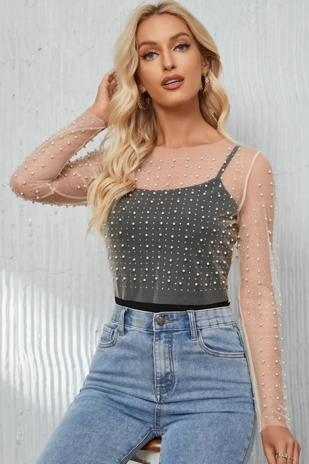 Pearl Long Sleeve Mesh Cropped Top - VILLA FASHION