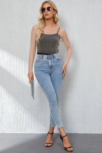Pearl Long Sleeve Mesh Cropped Top - VILLA FASHION