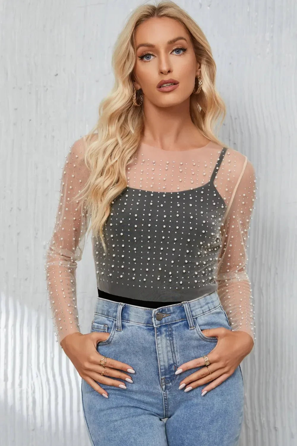 Pearl Long Sleeve Mesh Cropped Top - VILLA FASHION